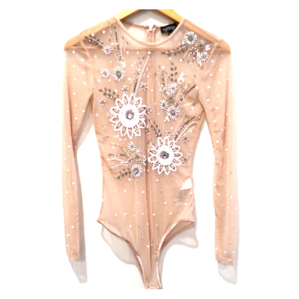 Sheer long sleeve sequence body suit. Top Shop